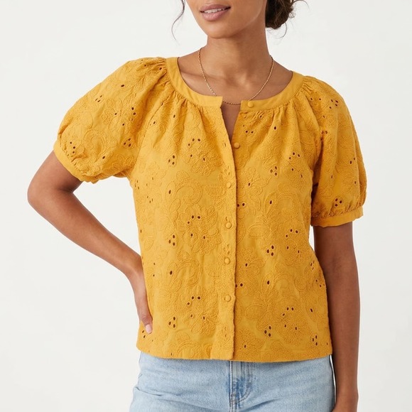 Calypso St. Barth Tops - Calypso St Barth Mustard Yellow Cotton Eyelet Puff Sleeve Blouse Large